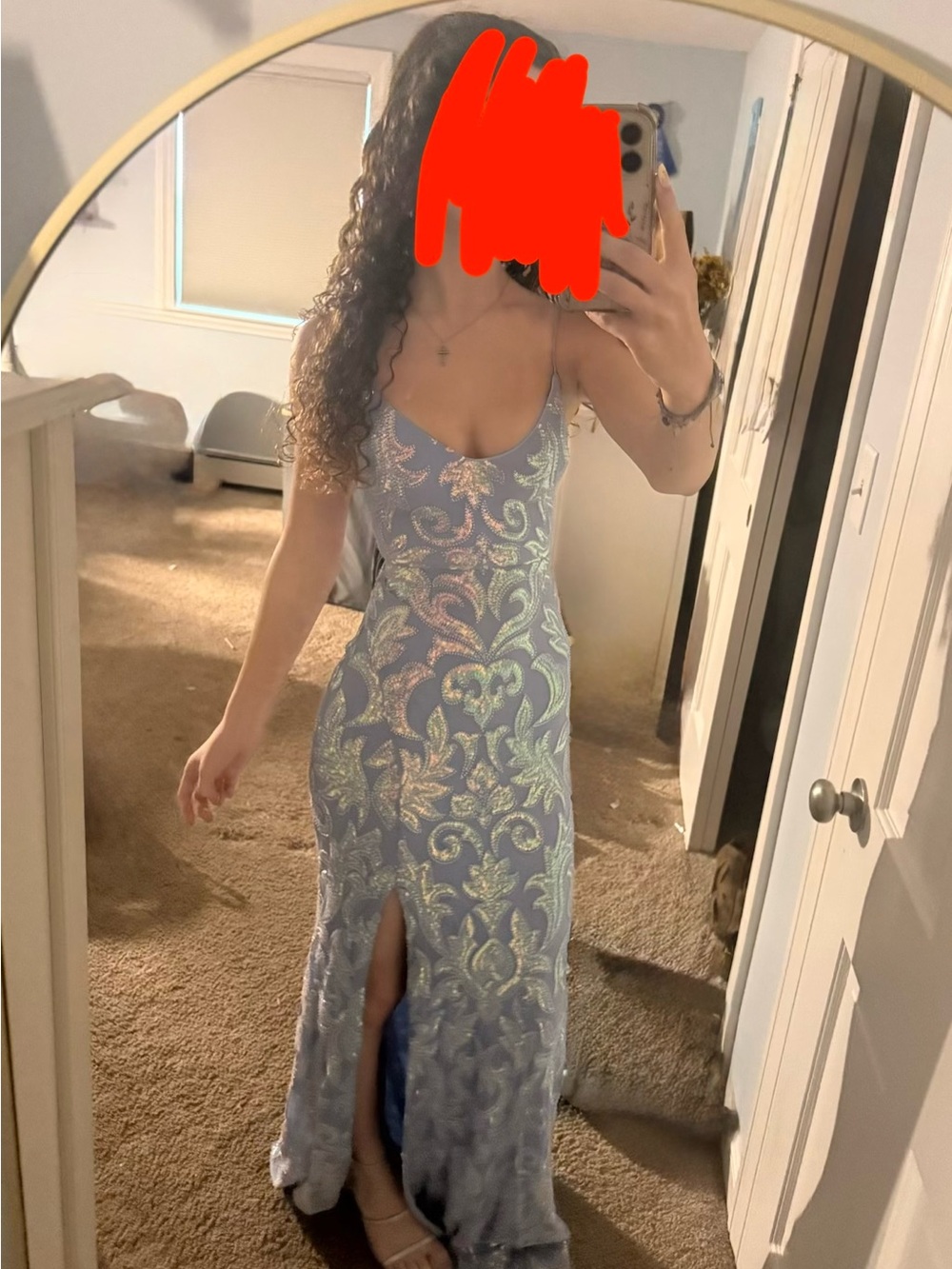 NEW! Light Blue Sequin Evening Dress with Front Slit